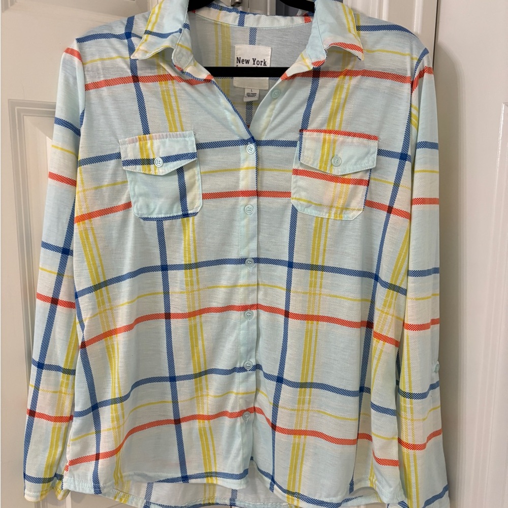 New York Laundry Light Blue Plaid Shirt with Yellow & Red Stripes